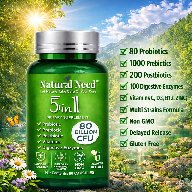 NATURAL NEED™ Gut Health – 5-in-1 Formula with Probiotics, Prebiotics, Postbiotics, Enzymes & Vitamins (C,D3,B12,Zinc) – Delayed Release Capsule – Supports Overall Digestion, Immunity & Gut – 60 Vegan