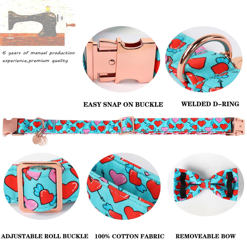 DOGWONG Valentine Dog Collar with Bow, Blue Heart Dog Collar Durable Soft Cotton Pet Dog Collar Cute Heart Valentines Day Puppy Necklace for Small Medium Large Dog Z: blue heart - BeesActive Australia
