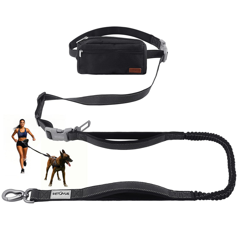 Hands Free Dog Leash with Zipper Pouch, Double Handle Running Reflective Bungee Waist Leash for Dog Walking, Training and Hiking for Small Medium Large Dogs (Black) Black