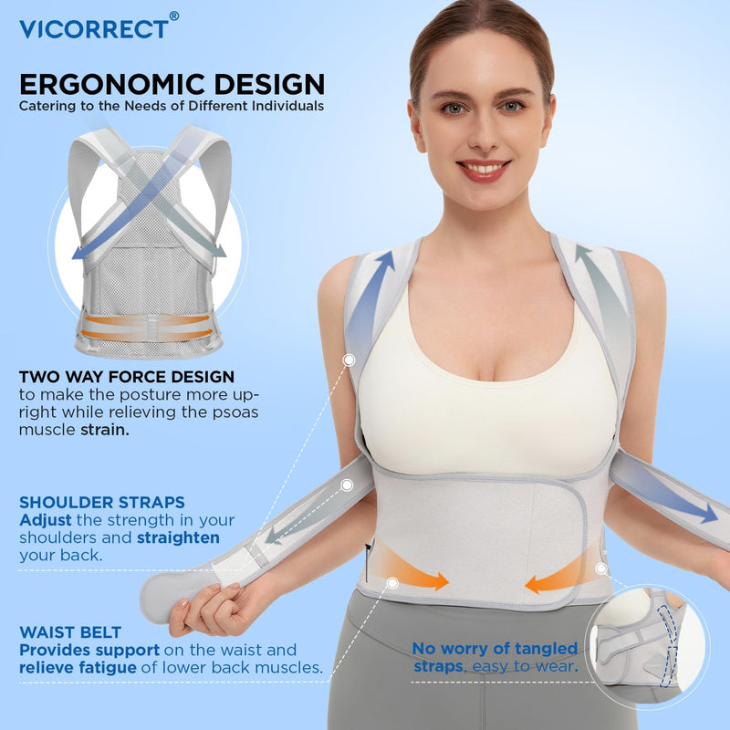 Vicorrect Posture Corrector for Women and Men: Back Support Brace Relieve Upper Back Shoulders Pain (Gray, Large) Gray
