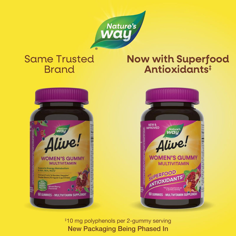 Nature's Way Alive! Women’s Multivitamin Gummy, Vitamins A, C, D3, E, 60ct | Berry Flavored, Daily Chewable Multivitamins for Women, B-Vitamins, Supports Immune, Heart, & Muscle Function* 60 Count (Pack of 1)
