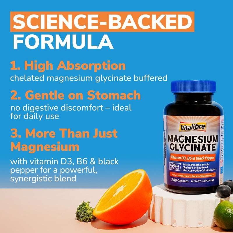Vitalibre Magnesium Glycinate 420mg with Vitamin D3 B6, 240 Vegan Capsules | Chelated & Buffered Magnesium Supplement | High Absorption for Nerve, Bone, Heart, Mood, Sleep Support, Non-GMO 240 Count (Pack of 1)