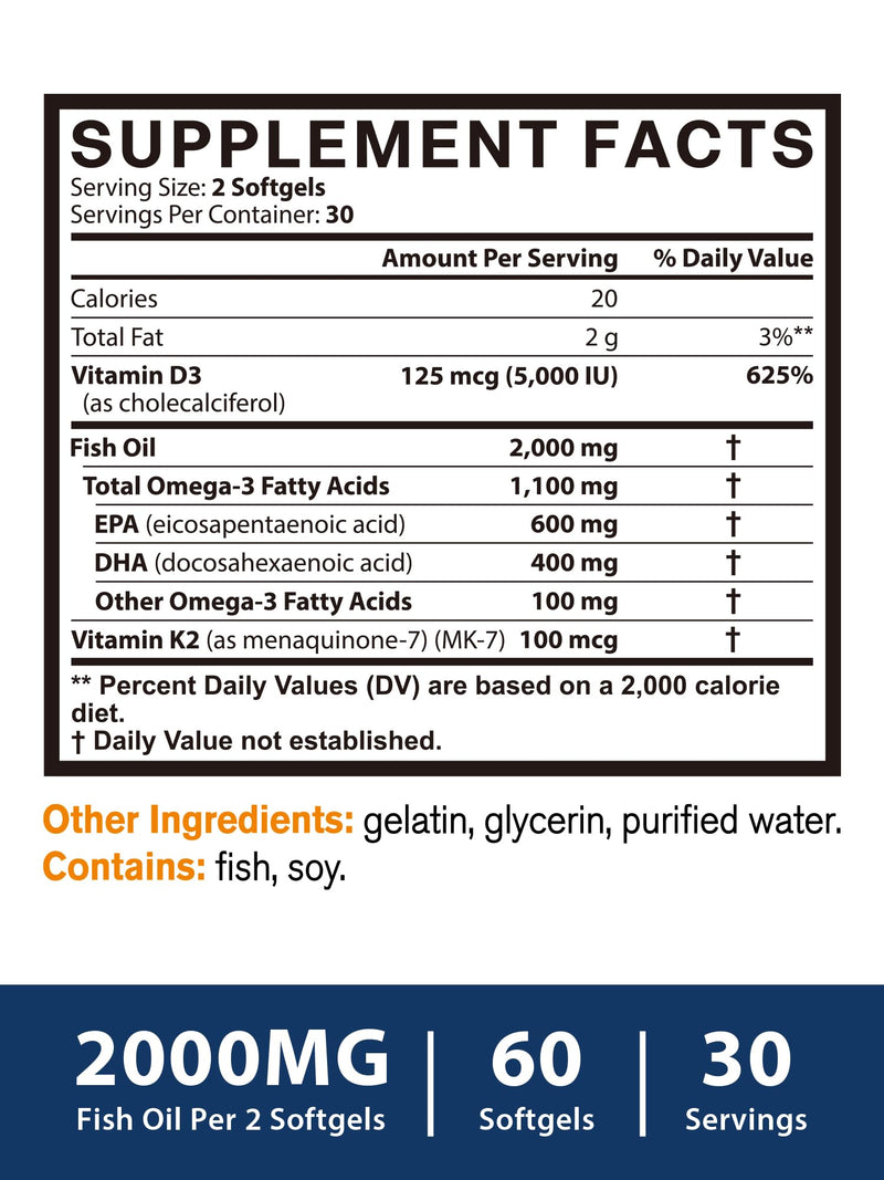 Omega 3 Fish Oil 2000mg, with Vitamins D3 & K2 (MK-7), Omega 3 Fatty Acid Supplements 1100mg, EPA, DHA, from Fresh, Wild-Caught Fish, Bone, Heart, Brain & Immune Health Support, 60 Softgels | Omega 3 Fatty Acid Supplements 1100mg, EPA, DHA, from Fresh,...