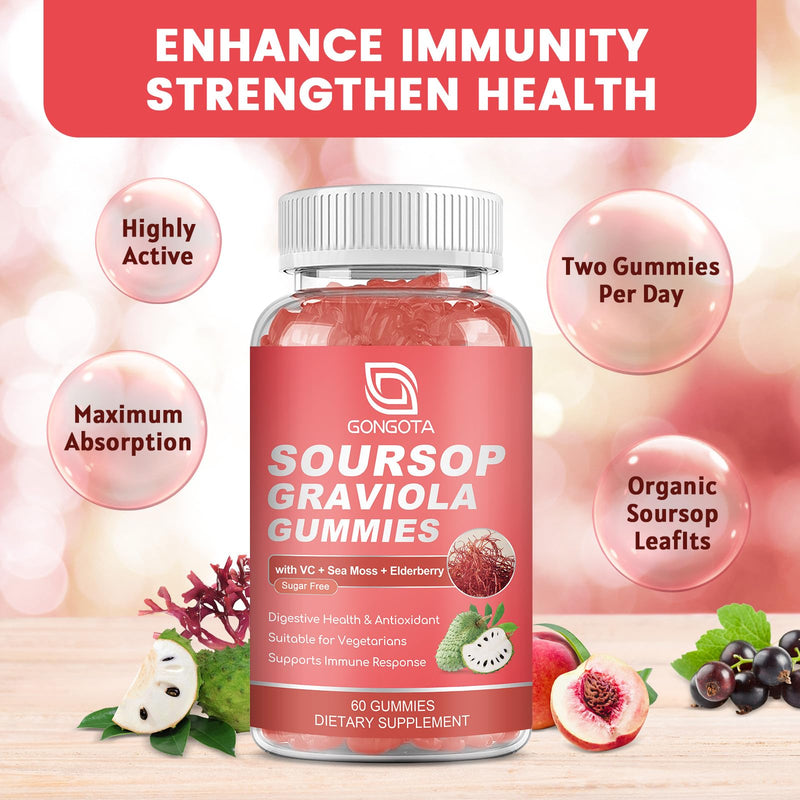 Soursop Graviola Gummies - 2200mg Extra Soursop Leaves Extract,Elderberry & Sea Moss & Zn, for Digestive, Immune, Antioxidant and Overall Health Support - Gluten Free, Vegan, 60 Gummies Peach 60 Count (Pack of 1)
