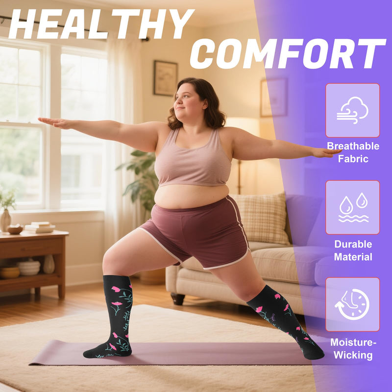 4 Pairs Plus Size Compression Socks,Extra Wide Calf 20-30 mmHg Knee High Compression Socks for Men Women Circulation 3X-Large 06-white Flower