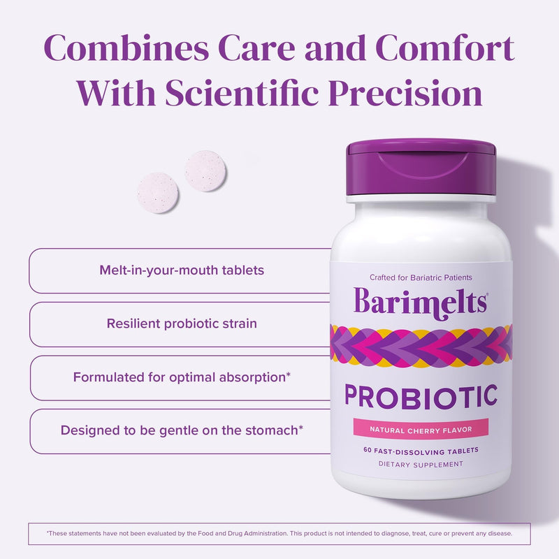 Barimelts Probiotic, 5 Billion CFU - 120 Fast-Dissolving Tablets (4-Month Supply) - Sugar-Free Probiotics for Women, Support Gut Health After Bariatric Surgery, Natural Cherry Flavor 60 Count (Pack of 2)