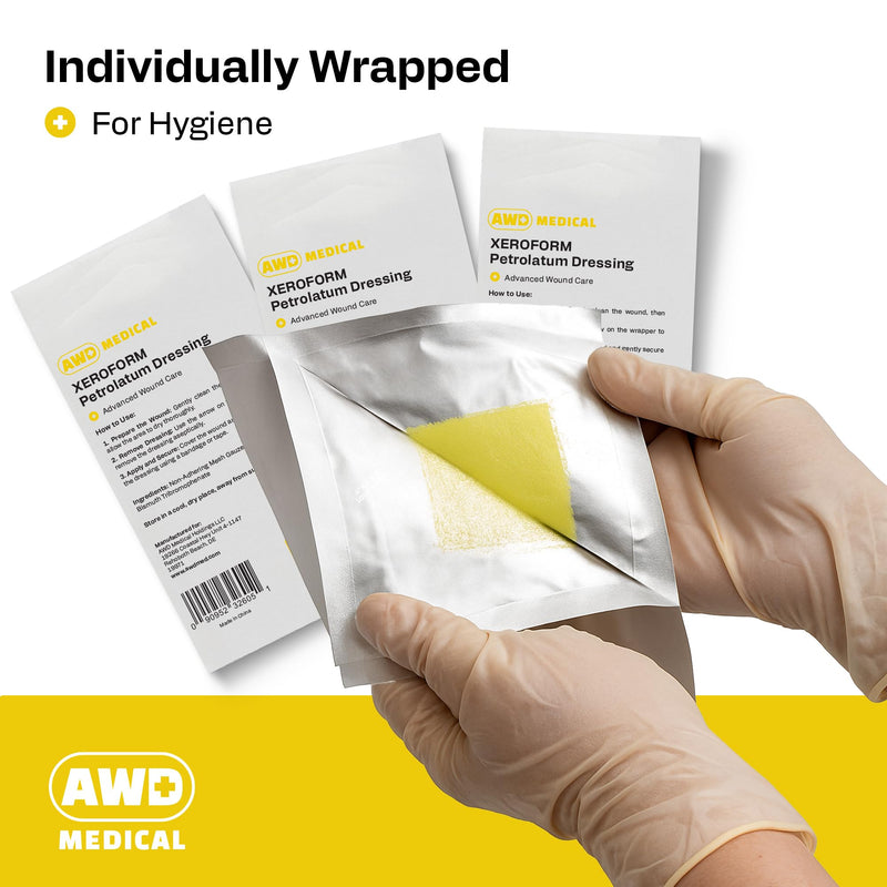AWD Medical Xeroform Petrolatum Dressing - Non-Adhering Gauze Pad - Fine Mesh Gauze Patch Sterile - Healthcare Supplies for Wound Care, Burns, Lacerations, & Skin Grafts Aide (Box of 25) (4"x4") 4"x4" (25 Pack) - BeesActive Australia