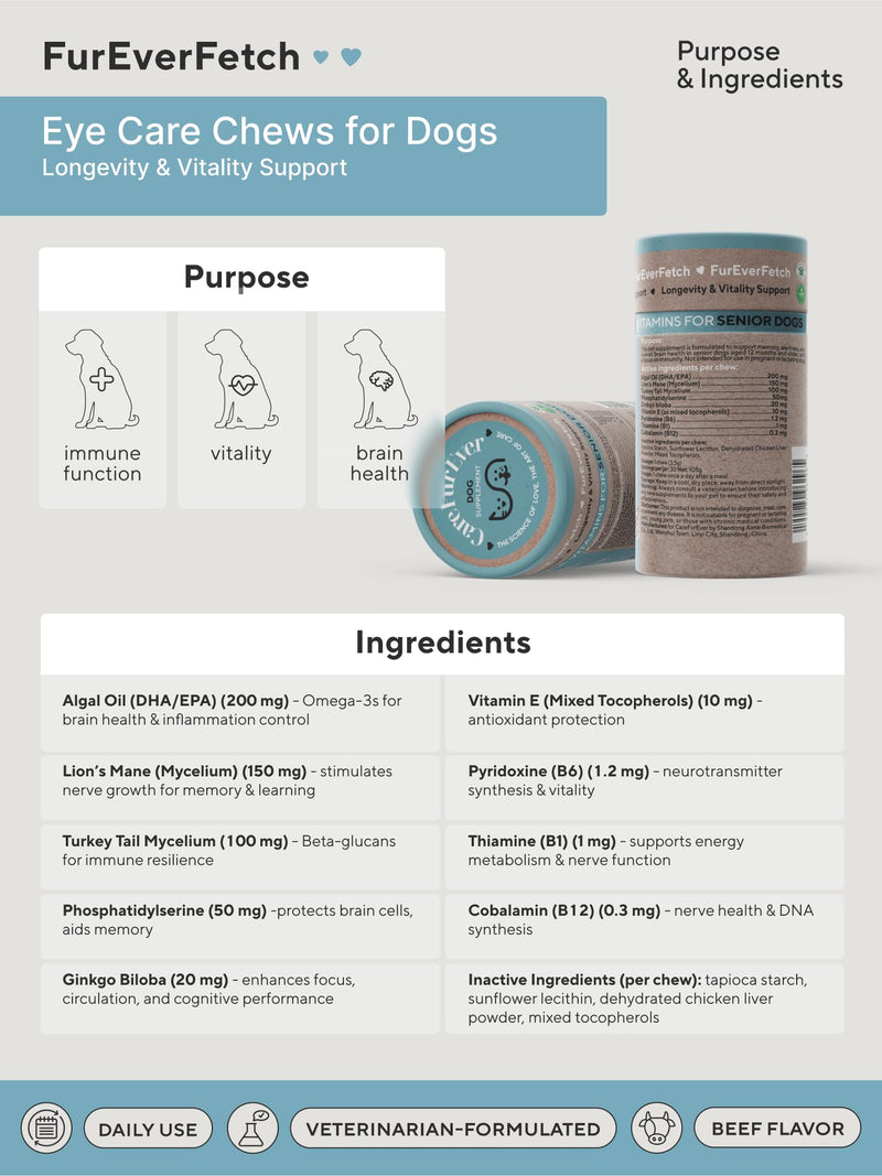 Supplement Treats for Senior Dogs ~ Eye & Brain Function, Immune Health, Overall Vitality & Longevity for Aging Dogs. Enriched with Breakthrough Active Ingredients (30 Days Supply)