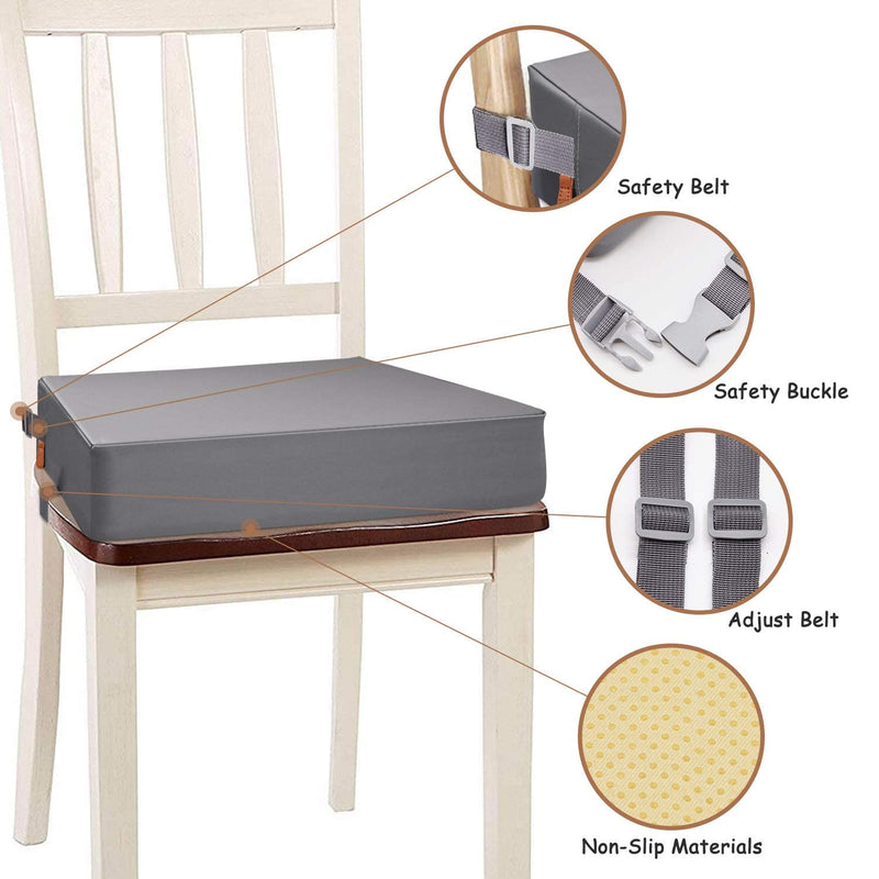 Toddler Booster Seat for Dining Table, PU Washable Double Safe Straps Non-Slip Bottom Booster Seat Dining Toddler, Portable Travel Increasing Cushion (Grey) Grey - BeesActive Australia