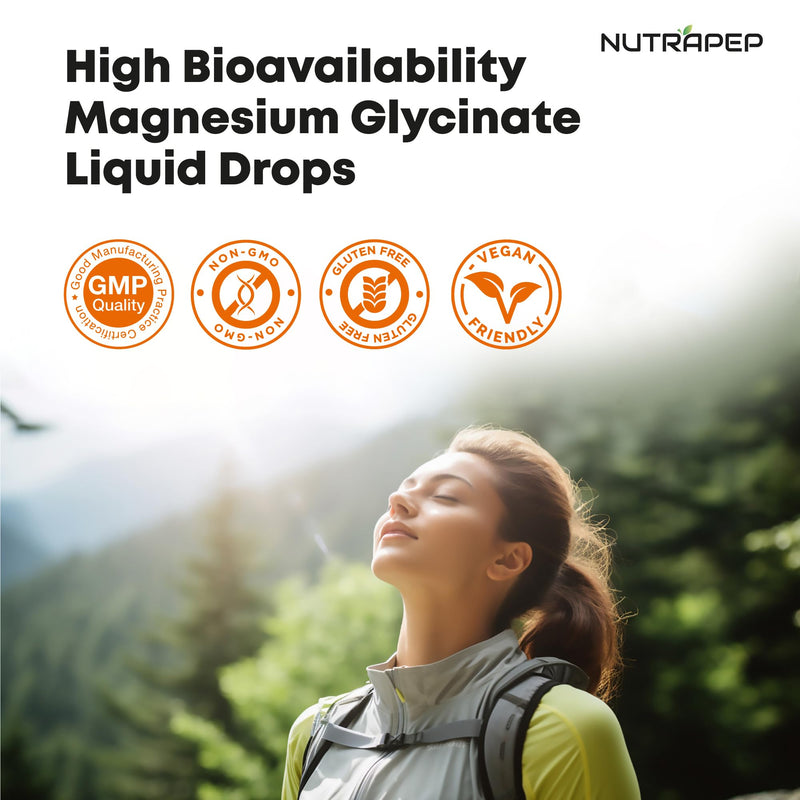 NutraPep Liquid Magnesium Glycinate Drops Supplement - 500mg Cortisol Complex with L-Theanine Ashwagandha Vitamin B6 Chamomile - Wellness Sleep Stress Mood Support for Adults Men Women