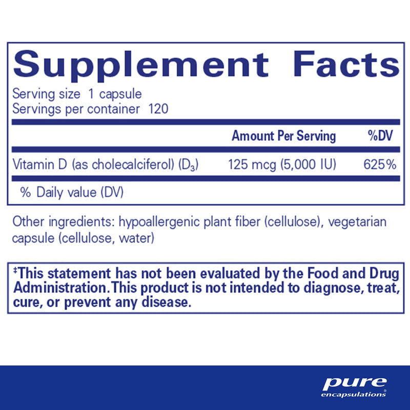 Pure Encapsulations Vitamin D3 125 mcg (5,000 IU) - Supplement to Support Bone, Joint, Breast, Heart, Colon, and Immune Health* - with Vitamin D - 120 Capsules 120 Count (Pack of 1) - BeesActive Australia