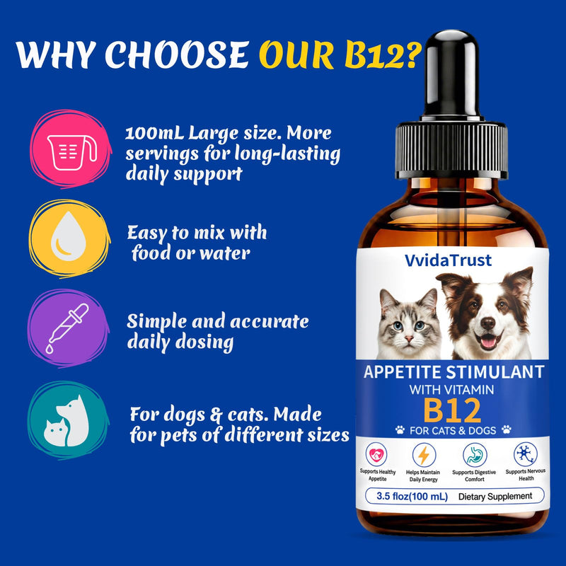 Dog & Cat Appetite Stimulant, Vitamin B12 (Methylcobalamin) Supplement | Energy & Appetite, Immune System Support - 3.5 fl oz