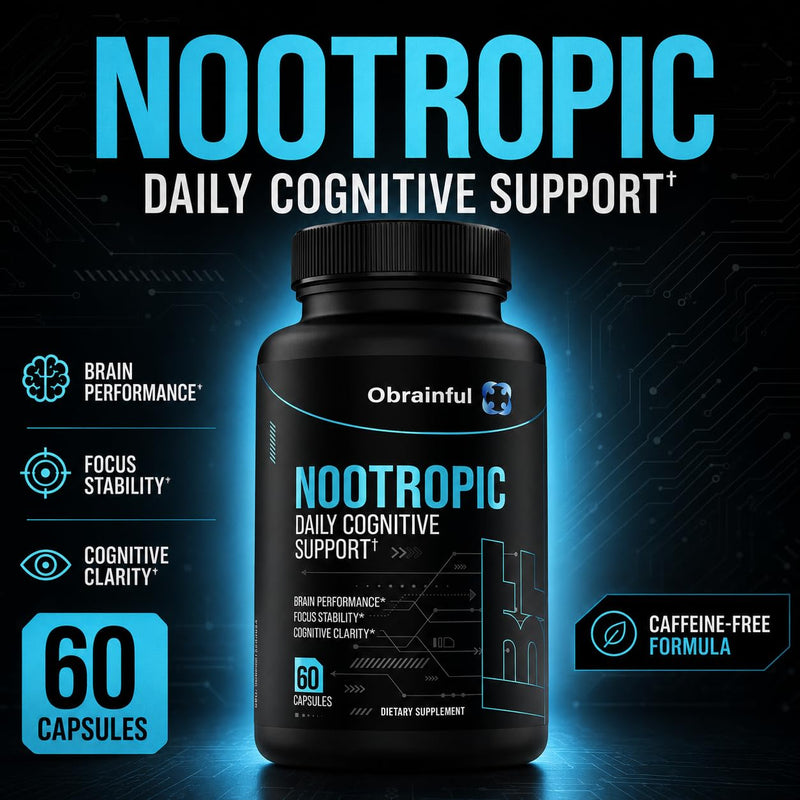Nootropic Brain Support Supplement | Caffeine-Free Focus & Memory Formula with BCAAs, Bacopa & L-Theanine | Daily Cognitive Wellness & Mental Clarity for Adults | 60 Capsules