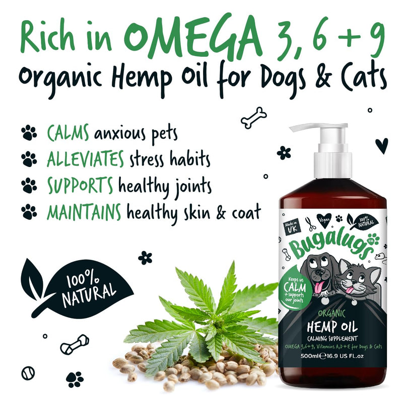 BUGALUGS Dog Calming Hemp Oil Supplement for Dogs & Cats | For Dog Emotions, Dog Barking | Omega 3,6,9 | High Strength 500,000mg | Supports & Maintains Healthy Joints | Add To Food Or Chew's | 500ml