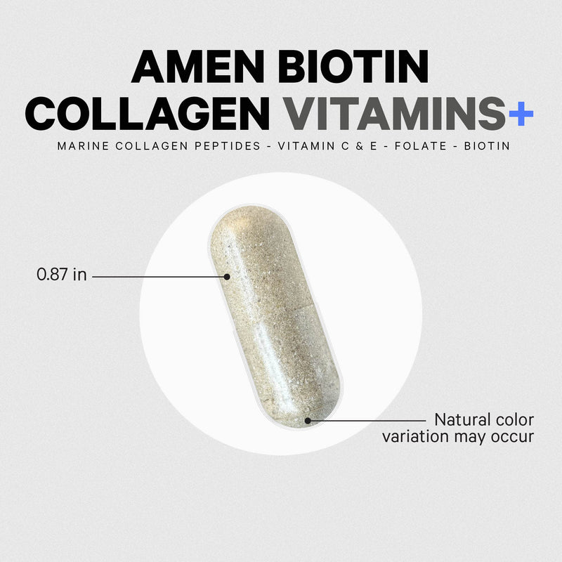Amen Biotin Collagen Vitamins+ 10,000 mcg Biotin, Vitamins, 90 Capsules | Biotin 10,000 mcg with marine collagen, keratin, MSM, hyaluronic acid and vitamins C and E. Non-GMO.