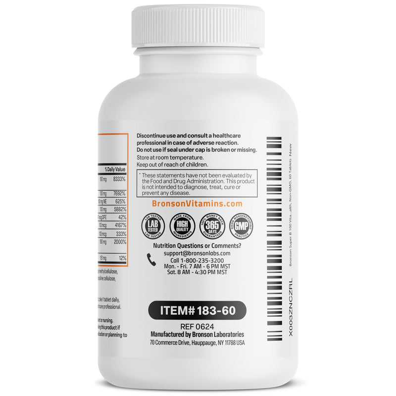 Bronson Super B100 Vitamin B Complex Sustained Release, 60 Tablets | B1, B2, B3, B6, Folic Acid, B12, Biotin & Pantothenic Acid, Energy & Nerve Support, Non-GMO, Gluten-Free & Soy-Free Unflavored 60 Count (Pack of 1)