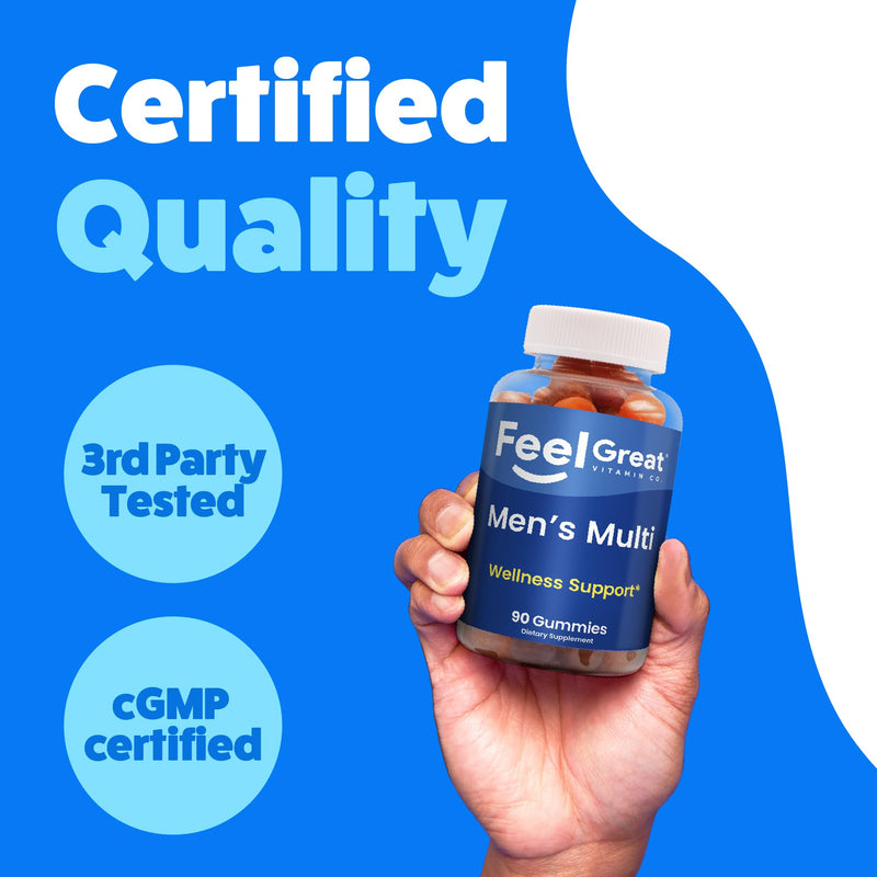 Feel Great Vitamin Co. Men's Multivitamin Gummies, Packed with Vitamin A, B-6, B-12, Biotin, C, D3, E, Iodine, Folic Acid, Zinc. Made in The USA. 45 Day Supply