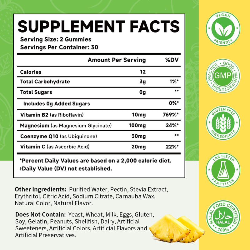 Vitamin B2 Gummies, 10mg Riboflavin Supplement for Kids & Adults, with Magnesium Glycinate, CoQ10 and Vitamina C, for Women and Men, Energy, Immune Wellness & Cellular Health Support, 60 Count 60 Count (Pack of 1)