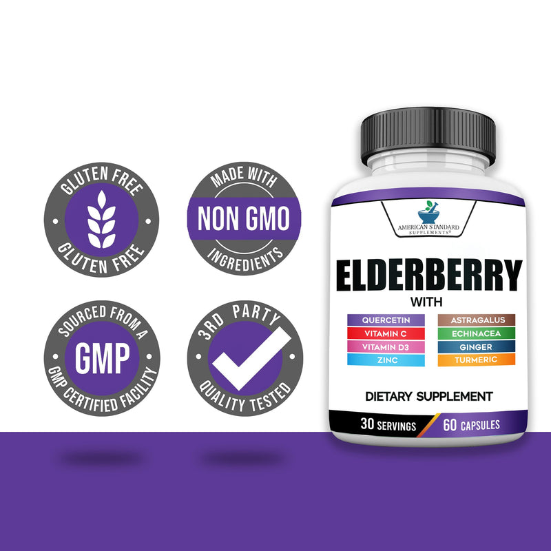 American Standard Supplements Elderberry Extract with Quercetin, Vitamin C, D3, Ginger, Zinc, Turmeric, Astragalus and Echinacea – 60 Capsules, 30 Servings 60 Count (Pack of 1)