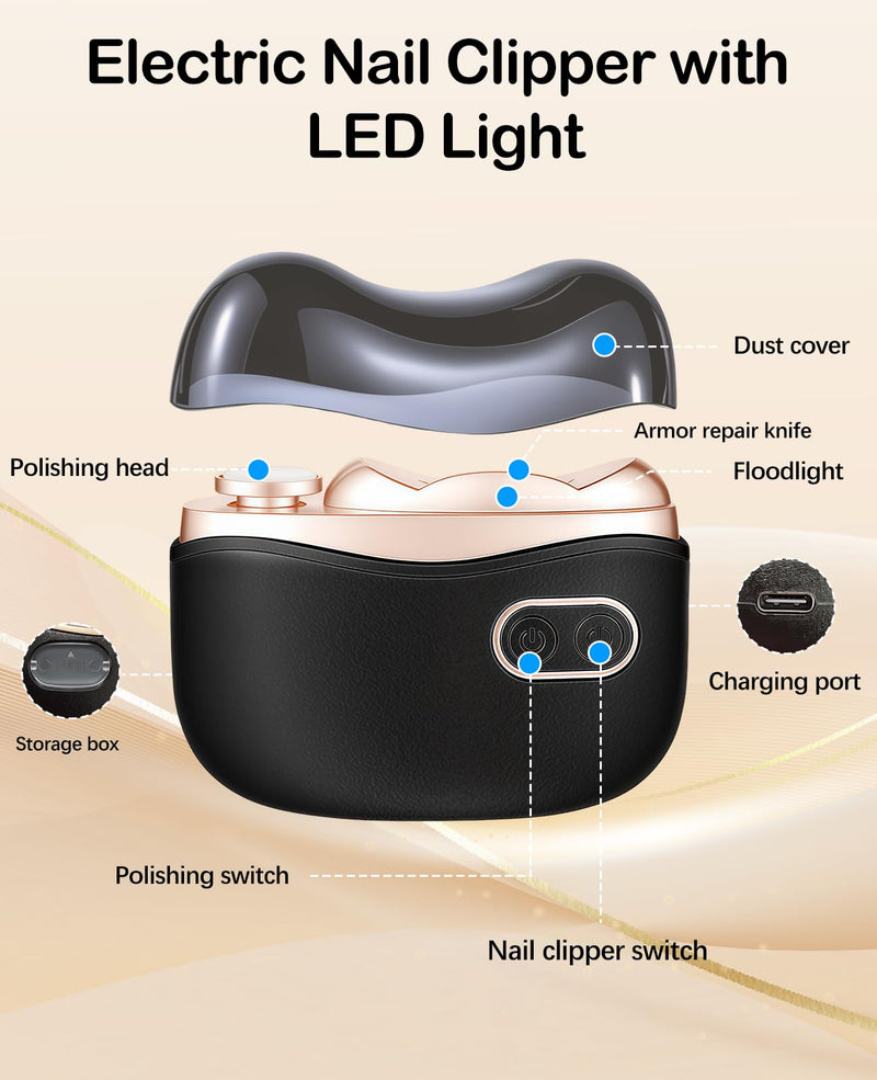 Electric Nail Clipper, 3-in-1 Electric Automatic Nail Clipper, Trimming, Polishing & Light, Quiet, 2 Speed Settings, Nail Scraps Storage, USB Rechargeable, Electric Nail Clippers for Seniors & Babies Black