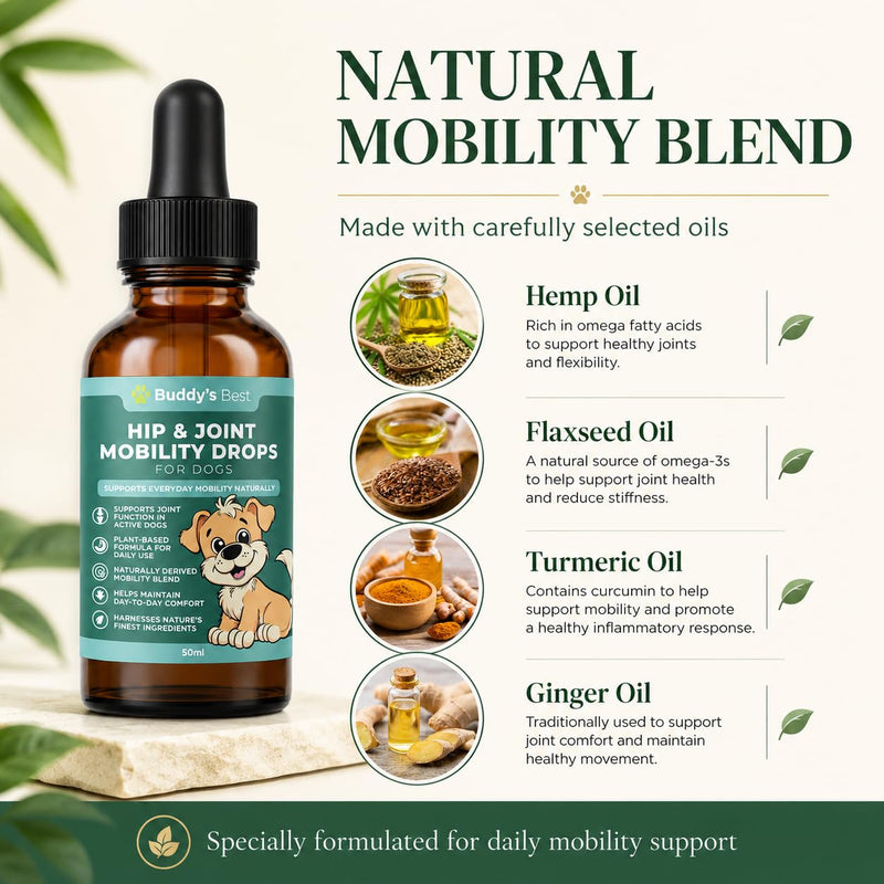BUDDY'S BEST Twin Pack Natural Joint Support for Dogs – With Flaxseed, Hemp, Ginger & Turmeric Oils – Helps Maintain Mobility & Flexibility – Supports Overall Well-being – 50ml Pack of 2
