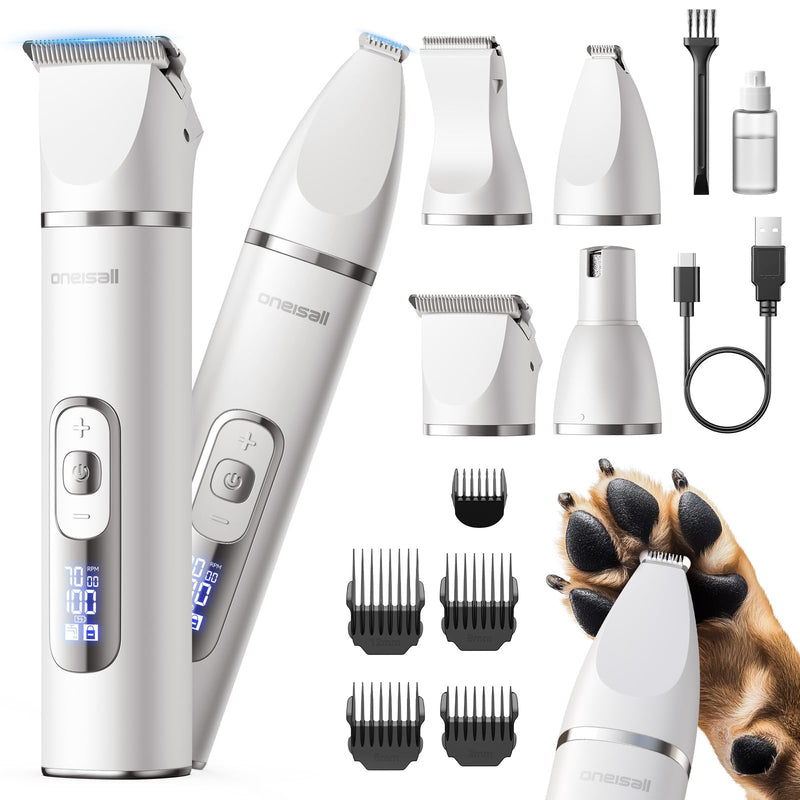 oneisall 4 in 1 Dog Grooming Kit with LCD Display, Dog Hair Trimmer for Paw Nail Grinder, Rechargeable Cordless Low Noise IPX7 Waterproof Pet Clippers (White) White
