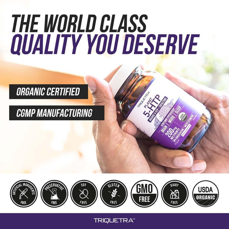 Organic 5-HTP - 200 mg | 99% 5HTP Concentration, Plus Cofactor Vitamin B6 & Lion’s Mane | Water Extracted from Organic Griffonia Seeds | Supports Mood, Cognition & Sleep (60 Capsules | 30 Servings) 60 Count (Pack of 1)