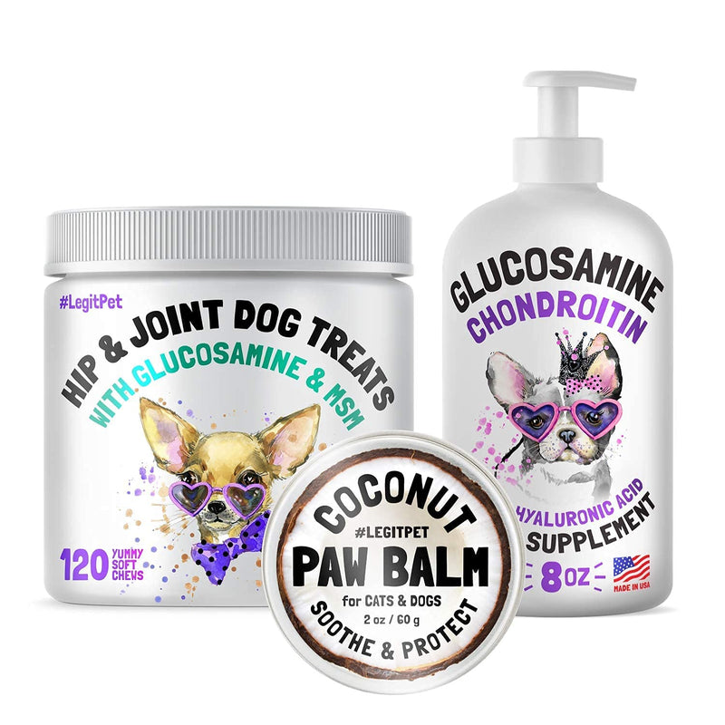 LEGITPET Liquid Glucosamine for Dogs and Hemp Hip & Joint Supplement for Dogs and Dog Paw Balm Wax Soother & Moisturizer Cream Bundle