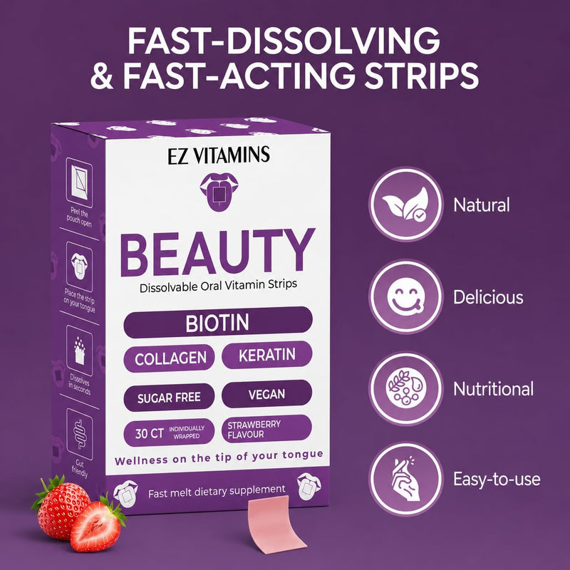 Beauty Strips for Hair, Skin & Nails Growth, 30 ct | Collagen Oral Strips With Biotin, Vitamin E And Folate Support Strong Nails And Glowing Skin, Strawberry Flavor, Sugar-Free