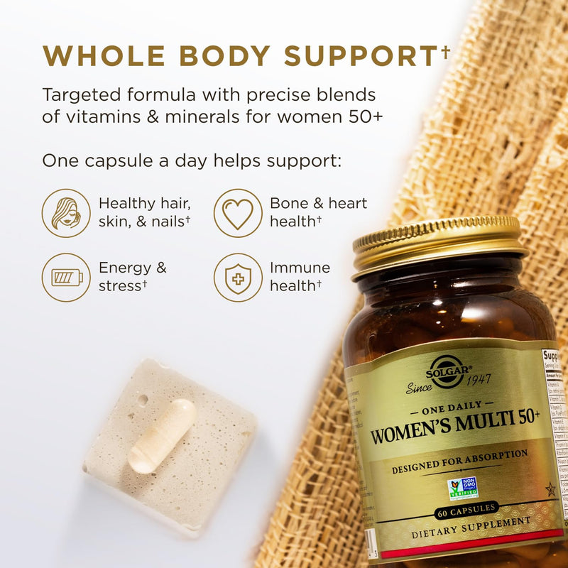 Solgar One Daily Women's Multi 50+ Whole Body Support, 60 Servings | Highly Absorbable Heart, Bone, & Breast Health, Energy, Stress, Hair Skin & Nails Multivitamin, 60 Vegan Capsule Servings