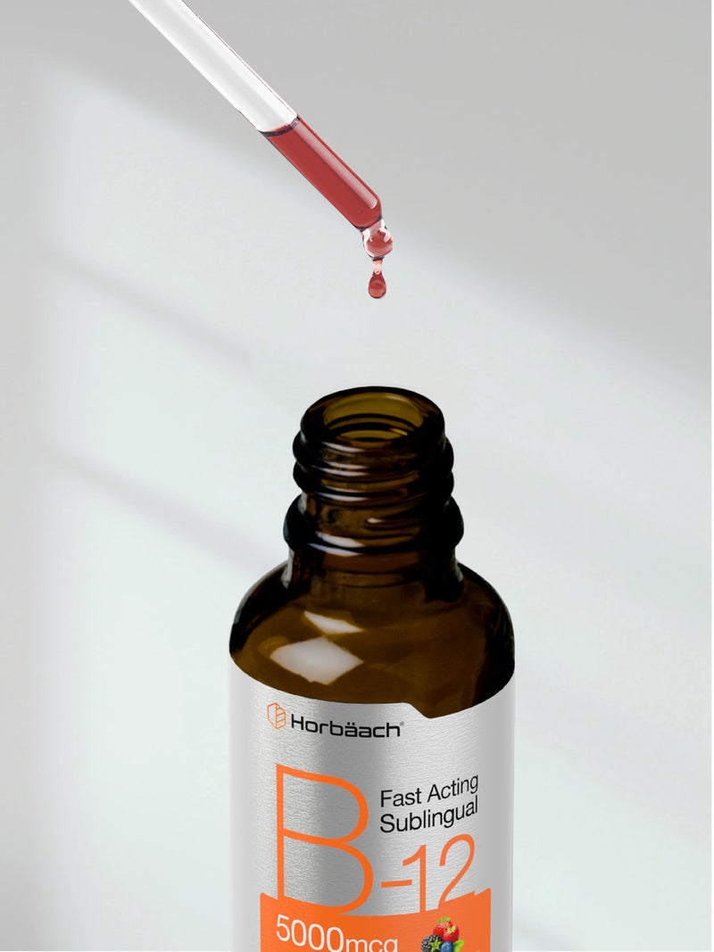 Horbaach B12 Vitamin 5000 mcg Sublingual | 4 Fl Oz | as Methylcobalamin and Cyanocobalamin | Liquid Vegetarian Drops | Berry Flavor | Non-GMO & Gluten Free Supplement