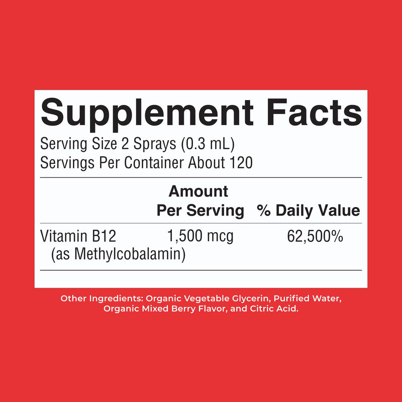 MARYRUTH'S Organic Methyl B12 Spray, 1,500 mcg B12 Per Serving, 1 Fl Oz | Energy Metabolism Support, Gluten Free, Vegan, Non-GMO Berry 1 Fl Oz (Pack of 1)