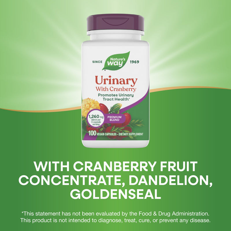 Nature's Way Urinary with Cranberry Premium Blend, Promotes Urinary Tract Health*, with Cranberry, Dandelion, Vegan, Non-GMO Project Verified, 100 Capsules (Packaging May Vary) 100 Count (Pack of 1) - BeesActive Australia