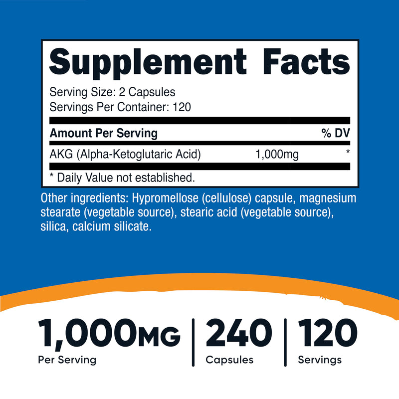 Nutricost AKG Alpha Ketoglutaric Acid Supplement 1,000mg, 240 Capsules | 120 Servings Per Bottle, Powerful Precursor to Glutamine & Arginine, Energy Support Supplement 240 Count (Pack of 1)