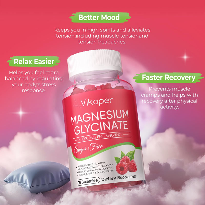Magnesium Glycinate Gummies 1000mg Complex,Sugar Free Magnesium Supplement with Magnesium L-Threonate,Calcium,Potassium,Vitamin D3,B6 & CoQ10,Gelatin Free Raspberry Gummies for Adults,2 Pack,180 Ct 90 Count (Pack of 2)