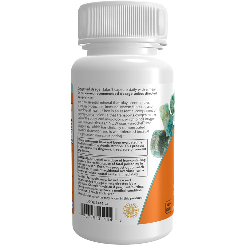 NOW Supplements, Iron 36 mg, Double Strength, Non-Constipating*, Essential Mineral, 90 Veg Capsules