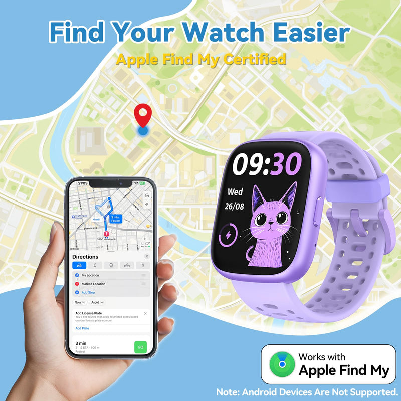Fitness Tracker for Kids No APP No Phone Needed, Compatible with Apple Find My, 1.83" Smart Watch, Heart Rate, Sleep Monitor, IP68 Waterproof, Step Counter, Gifts for Girls Boys Teens 5-16 Lilac