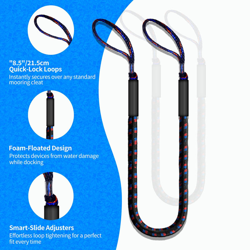 6FT Bungee Dock Line for Boats – Extra-Long Elastic Mooring Rope with Loops – Heavy-Duty Tie-Down for Pontoon, Yacht, Jet Ski (Black/Red/Blue) black, red & blue 6ft