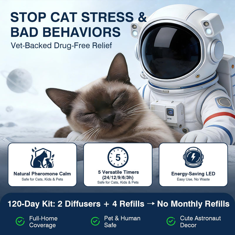 6 in 1 with Timing Function Cat Calming Diffuser Multicat Calming Pheromones Diffusers 60 Days Calm Relaxing Pheromone for Cats kit 48ml Relief Stress Anxiety Fighting Scratching 2 diffuser,4 refill