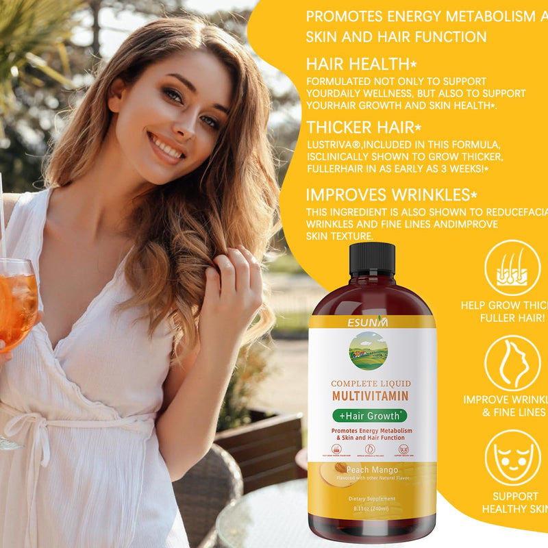 ESUNM Complete Liquid Multivitamin + Hair Growth, Promotes Energy Metabolism& Skin and Hair Function| Vitamin C D | B Vitamins | Help to Thicker Hair, Wrinkles, Fine Lines, Skin Care 8.11 Fl Oz (Pack of 1)