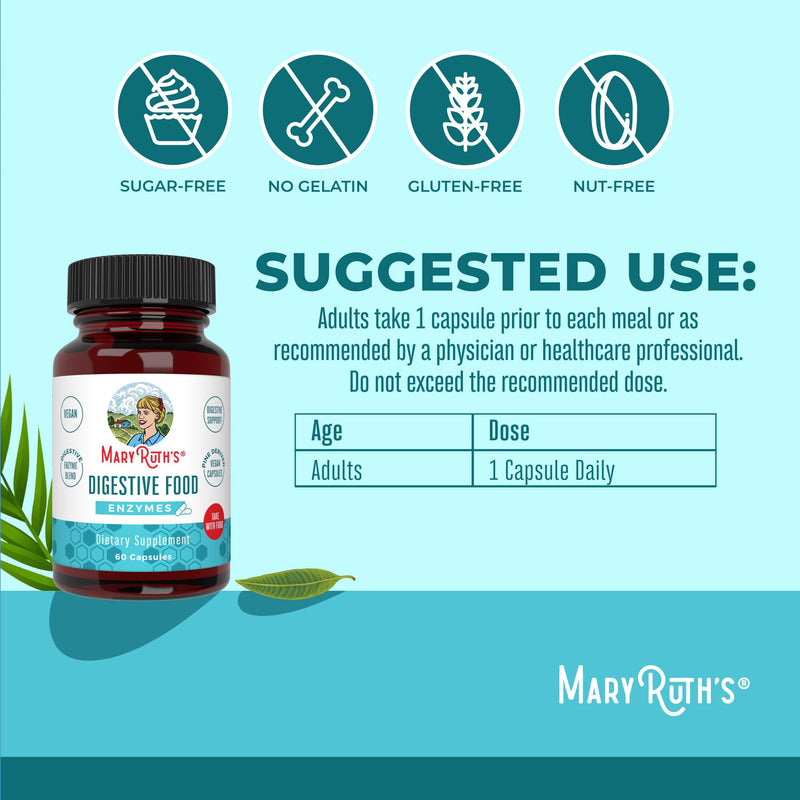 MARYRUTH'S Digestive Food Enzymes for Digestive Support, 60 Capsules | Digestive Support, Occasional Gas & Bloating Relief, Over 12 Enzymes, Alpha-Galactosidase, Beta-Glucanase, Protease