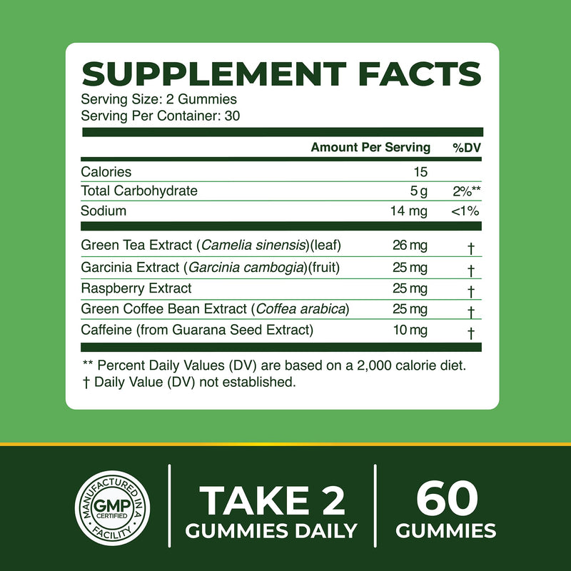 Green Tea Fat Burner Gummies for Weight Loss, Metabolism & Appetite Support | Metabolism Booster & Appetite Suppressant with Green Coffee Bean, Burn Belly Fat For Women & Men, Apple Flavor, 60 Gummies