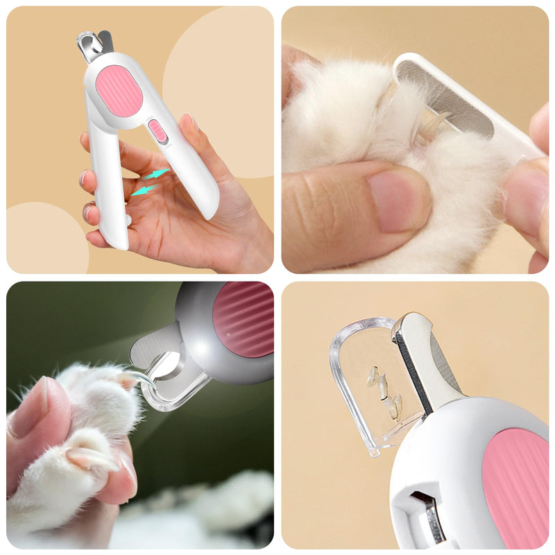 Odoland Cat Nail Clipper with LED Light and Nail File, Dog Claw Trimmer with Bright Light to Avoid Excessive Cutting - Pet Grooming Tool for Tiny Dog Cat Kitten Bunny Rabbit Pink