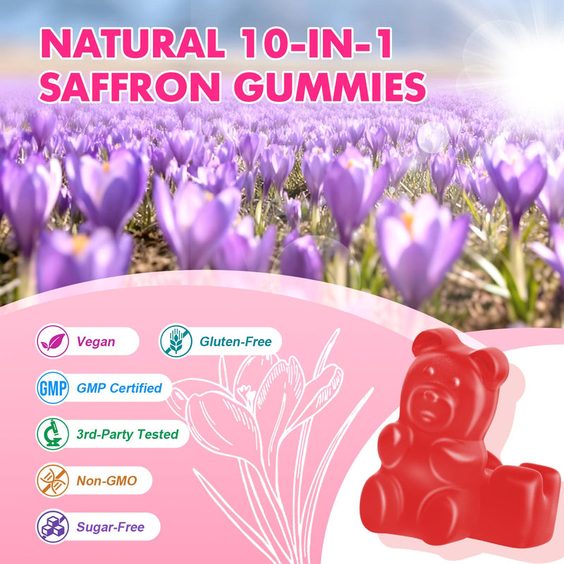 Saffron Gummies for Adult Kids - with Saffron 88.5mg, Vitamins D3 & B6, Magnesium, Zinc, Ashwagandha, L - Theanine, St. John's Wort - Supports Mood & Focus, Strawberry Flavor, 60 Count 1pack