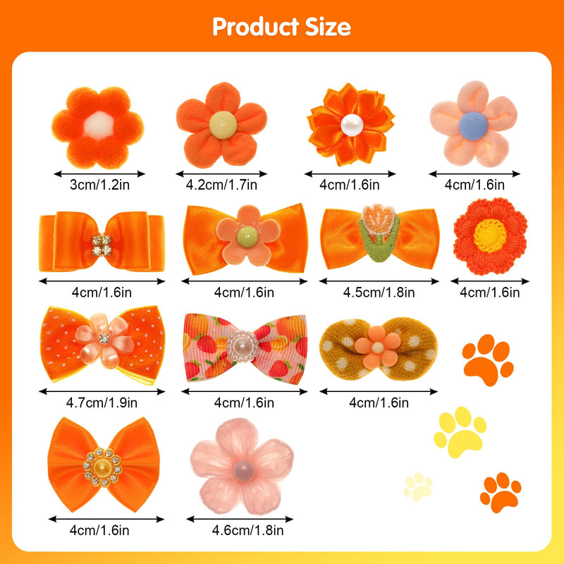 26 Pcs Orange Small Dog Hair Bows Cute Puppy Dog Bowknot Hair Bow Bulk with Rubber Bands Elastic Lace Rhinestone Pearls Hair Ties Mix Style Handmade Grooming Flower Topknot Ball Bows Accessories - BeesActive Australia