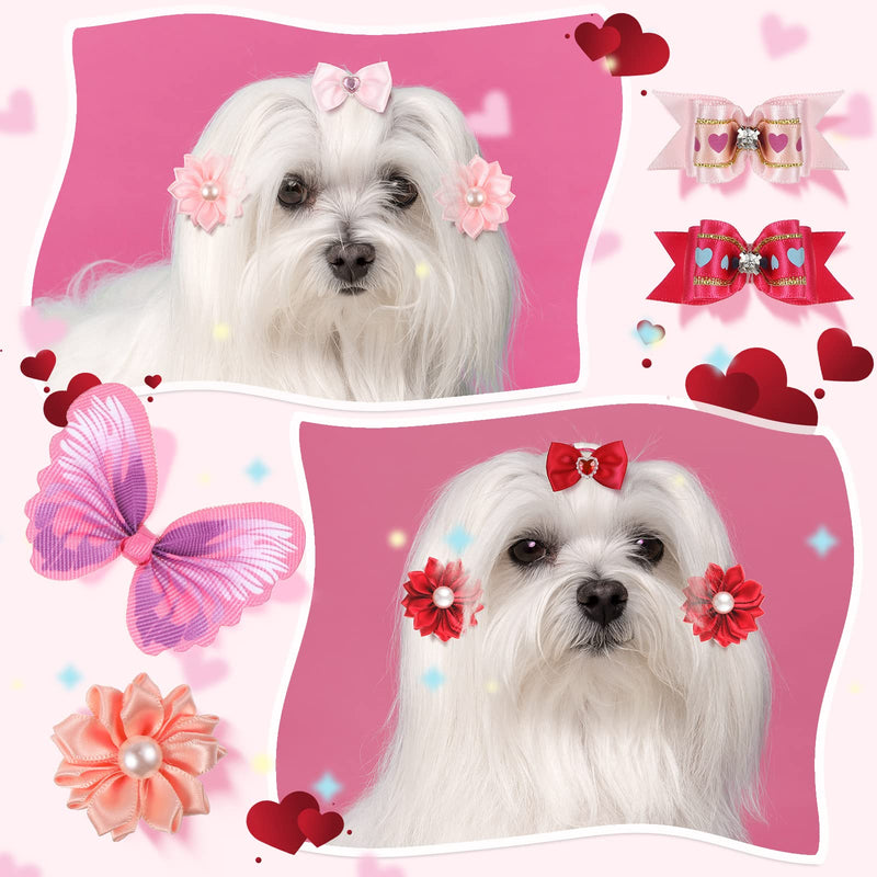 MTLEE 50 Pcs Valentine's Day Pink Small Dog Hair Bows Mixed Styles Dog Bows Pink Bows Heart Rhinestone Pattern with Rubber Bands Puppy Yorkie Cat Butterfly Topknot Rhinestone Pearl Girl Accessories - BeesActive Australia