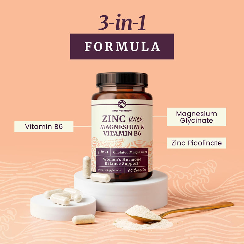 Zinc and Magnesium Supplement with Vitamin B6, Women’s Hormone Balance | Menstrual Cycle & Immune Support, High Absorption Chelated Magnesium Glycinate with Zinc Picolinate and Vit B6, 60 Capsules