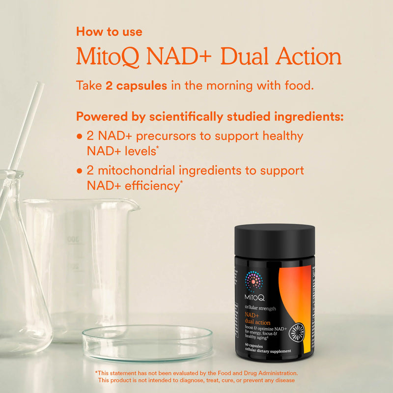MitoQ NAD+ Dual Action Supplement - NAD+ Supplement with Nicotinamide Riboside (NR), Niacinamide, Resveratrol, & PQQ - Supports Cellular Energy, Focus, Mental Clarity, & Healthy Aging (60 Capsules)