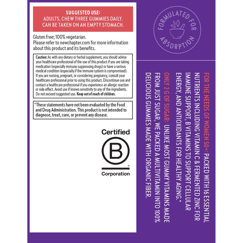 New Chapter Women's 50+ Multivitamin Gummies, Berry Citrus, 90 Count | 52% Less Sugar Women's Healthy Aging Gummies with Vitamin C, B Vitamins, and Zinc, Non-GMO and Gluten-Free Formula