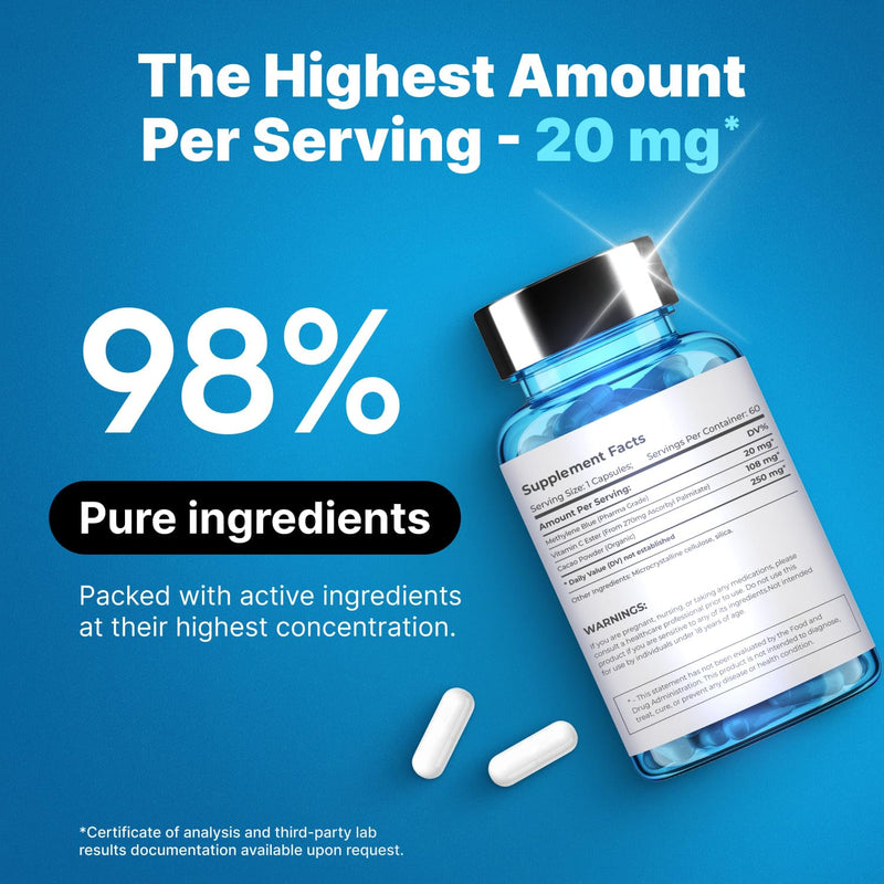 Ultimate Methylene Blue Pharmaceutical Grade 20mg (USP) Methylene Blue Capsules for Humans | Memory Supplement and Brain Booster Supplement | Focus Fuel and Memory Vitamins Energy Pills | 60 Servings 1